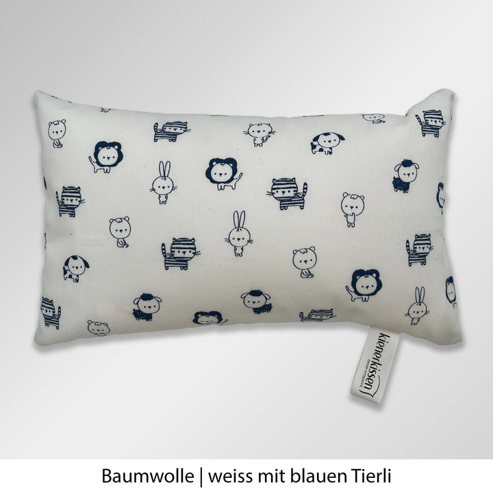 Kienerkissen Reisekissen Baumwolle weiss mit blauen Tierli. Kindermotiv
